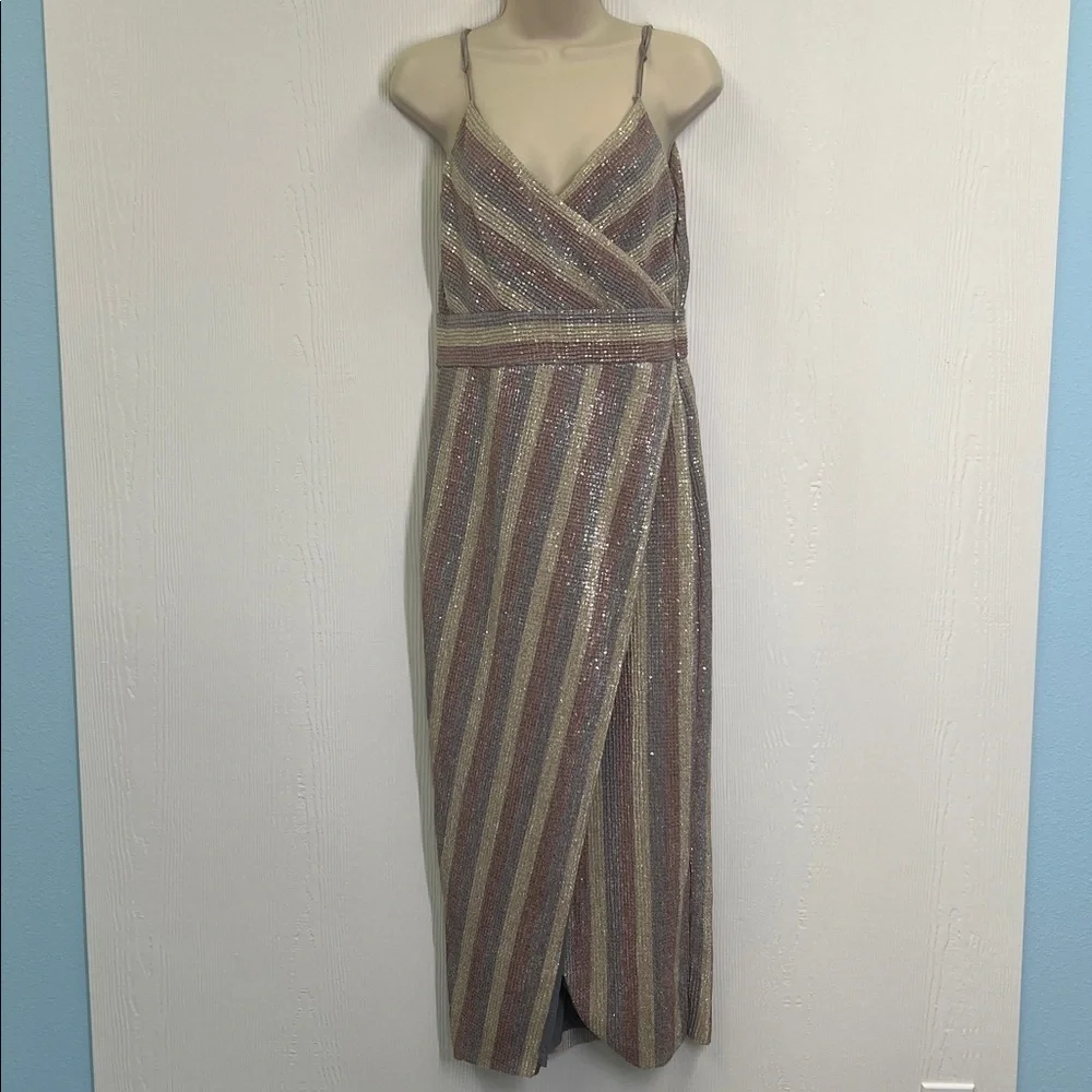 Saylor - Meghan Multi Colored Sequin Stripped Faux Wrap Midi Dress Size Small